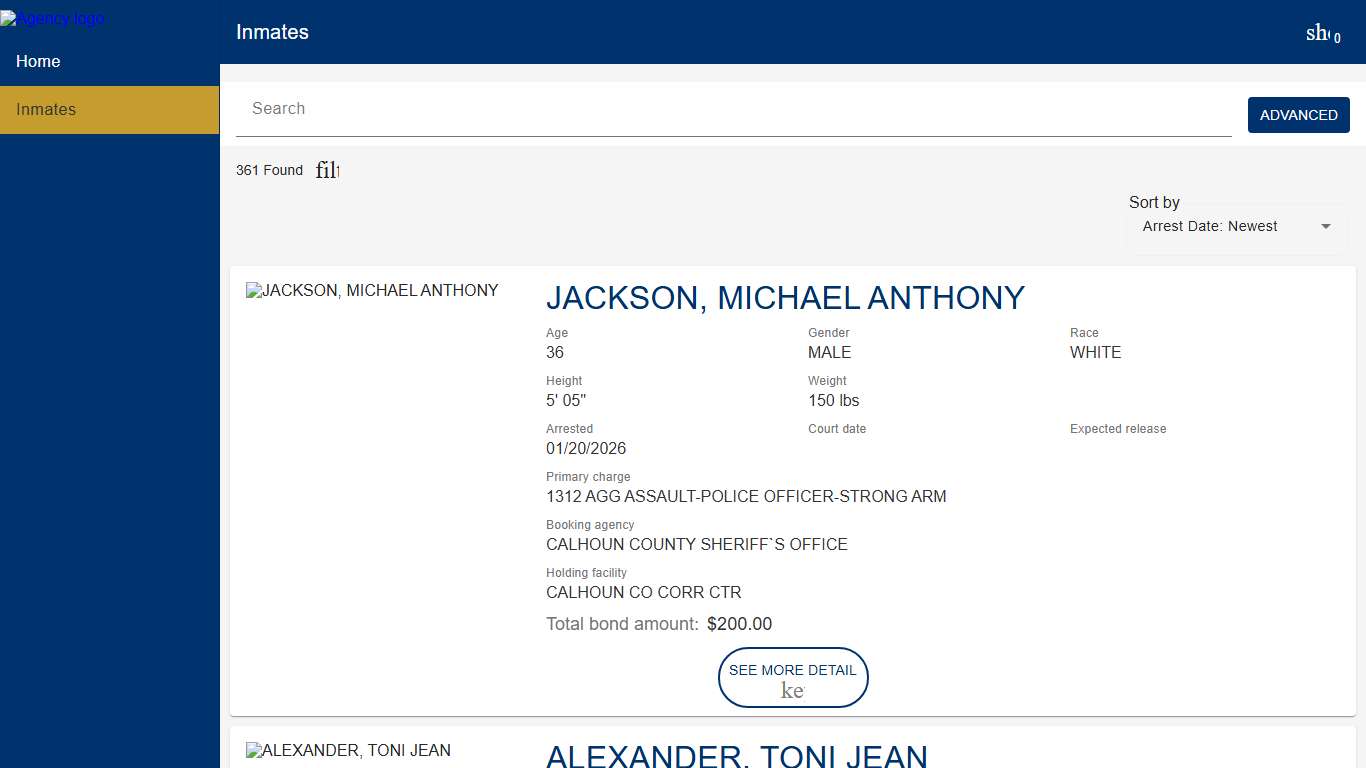 Calhoun County Sheriff's Department | Police to Citizen - Inmates catalog
