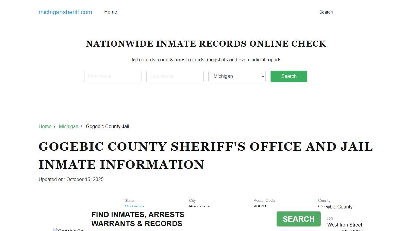 Gogebic County Sheriff, Michigan, Jail Inmate Search